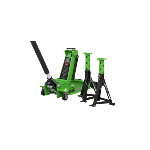 Sealey 3015CXHV Trolley Jack 3 Tonne with Super Rocket Lift & Axle Stands (Pair) 3 Tonne Capacity per Stand-Hi-Vis