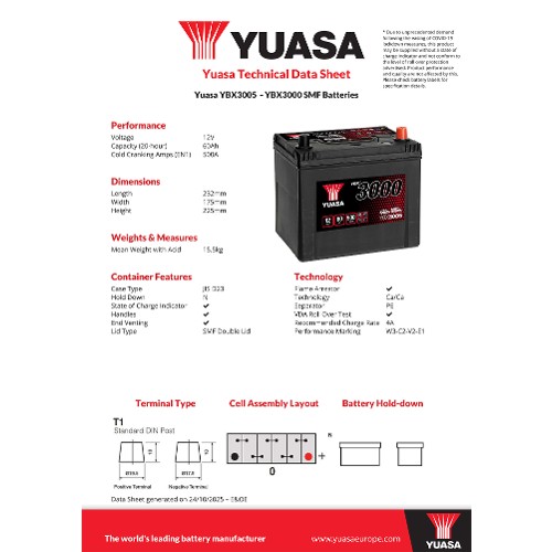 Yuasa Starter Battery YBX3005