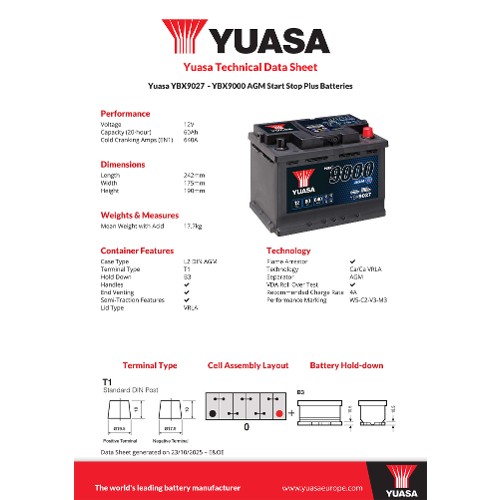 Yuasa Starter Battery YBX9027